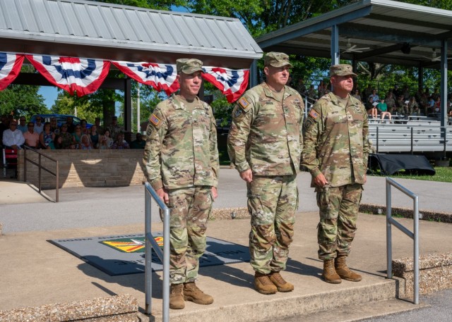 From left: Outgoing 14th Military Police Brigade Commander Col. John Copeland; Col. Charles Green, U.S. Army Military Police School commandant; and incoming 14th MP Bde. Commander Col. Samuel Meyer prepare to march on to the parade field for the...