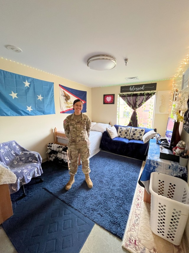 The female Better Opportunities for Single Soldiers (B.O.S.S.) Program Best Barracks Competition winner in her room at Fort Knox, Kentucky, July 15, 2025. Nine Soldiers participated in the competition and a panel of judges scored them on...