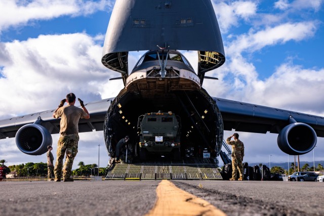 Airmen unload High Mobility Artillery Rocket System (HIMARS) launchers from a U.S. Air Force C-5 Galaxy at Joint Base Pearl Harbor-Hickam, July 14, 2025. The HIMARS launchers were delivered to the 25th Infantry Division earlier this week as...