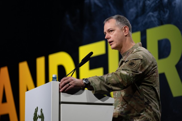 U.S. Air Force Gen. Alexus Grynkewich, Supreme Allied Commander, Europe and Commander of United States European Command, speaks to an audience of Allies and industry personnel during a Keynote Presentation at LANDEURO at the RheinMain...