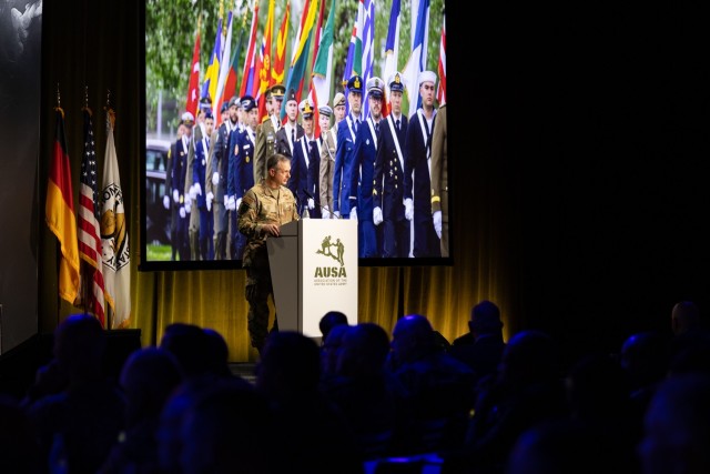 U.S. Air Force Gen. Alexus Grynkewich, Supreme Allied Commander, Europe and Commander of United States European Command, speaks to an audience of Allies and industry personnel during a Keynote Presentation at LANDEURO at the RheinMain...