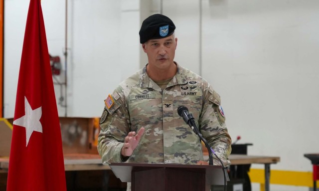 Col. Aaron M. Cornett, 22nd commander of Crane Army Ammunition Activity, addresses an audience gathered for a July 17 Change of Command ceremony held at Naval Support Activity, Crane.
