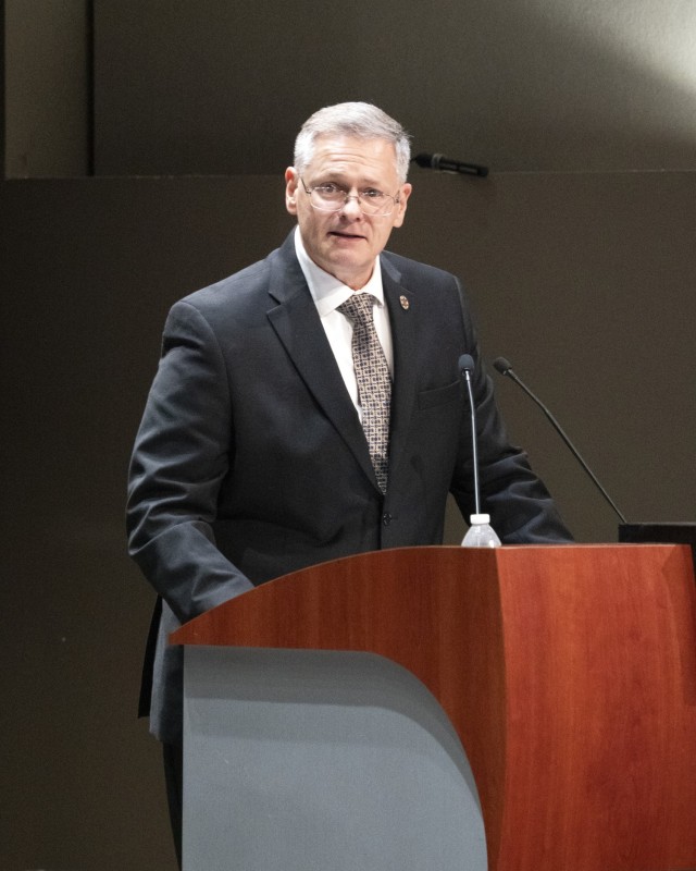 William Cole, new garrison manager at the U.S. Army Garrison - Detroit Arsenal, speaks to the audience during his change of responsibility ceremony July 17.