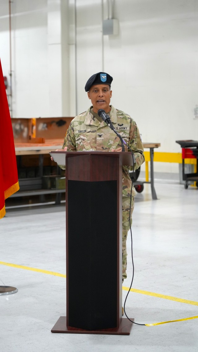 Col. Franyate D. Taylor delivers here farewell speech to an audience gathered July 17 at Naval Support Activity, Crane for the Crane Army Ammunition Activity Change of Command ceremony.