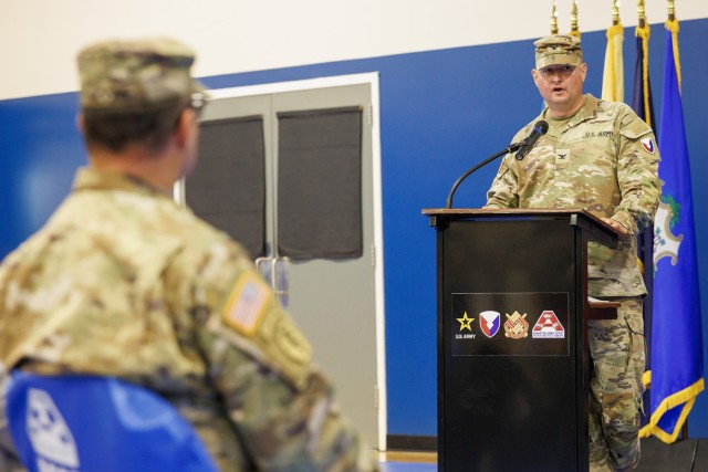 Col. Craig Daniel gives farewell remarks at Anniston Army Depot&#39;s Jul. 16 Change of Command ceremony, wishing the entire ANAD workforce well after two years of leadership.