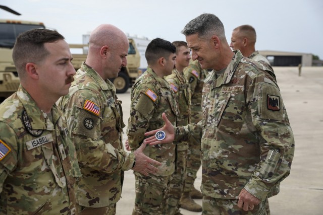 Air Force Gen. Steve Nordhaus, 30th Chief of the National Guard Bureau, and Senior Enlisted Advisor John Raines, SEA to the CNGB, join Texas Gov. Greg Abbott and Air Force Maj. Gen. Thomas Suelzer, the adjutant general of Texas, for an aerial...