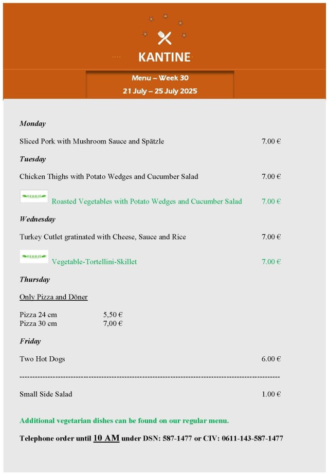Kantine menu: 21-25 July 2025