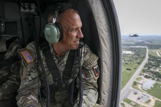 Air Force Gen. Steve Nordhaus, 30th Chief of the National Guard Bureau, and Senior Enlisted Advisor John Raines, SEA to the CNGB, join Texas Gov. Greg Abbott and Air Force Maj. Gen. Thomas Suelzer, the adjutant general of Texas, for an aerial...