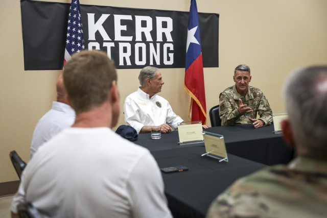 Air Force Gen. Steve Nordhaus, 30th Chief of the National Guard Bureau, and Senior Enlisted Advisor John Raines, SEA to the CNGB, join Texas Gov. Greg Abbott and Air Force Maj. Gen. Thomas Suelzer, the adjutant general of Texas, for an aerial...