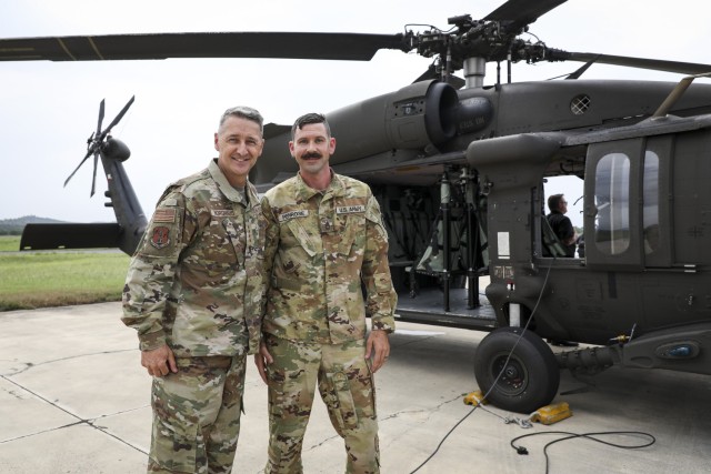Air Force Gen. Steve Nordhaus, 30th Chief of the National Guard Bureau, and Senior Enlisted Advisor John Raines, SEA to the CNGB, join Texas Gov. Greg Abbott and Air Force Maj. Gen. Thomas Suelzer, the adjutant general of Texas, for an aerial...
