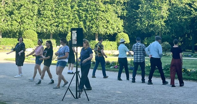 Members of the USAG Ansbach community — including Soldiers, civilian employees, and students — practice their dance steps in preparation for the City of Ansbach&#39;s 75th Rococo Festival.