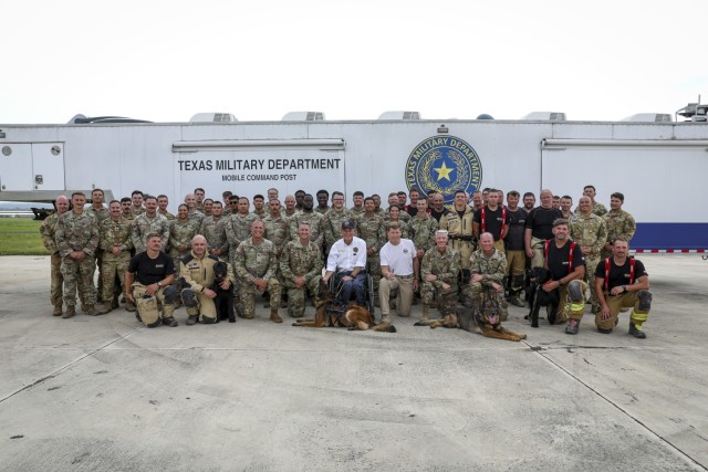 Air Force Gen. Steve Nordhaus, 30th Chief of the National Guard Bureau, and Senior Enlisted Advisor John Raines, SEA to the CNGB, join Texas Gov. Greg Abbott and Air Force Maj. Gen. Thomas Suelzer, the adjutant general of Texas, for an aerial...