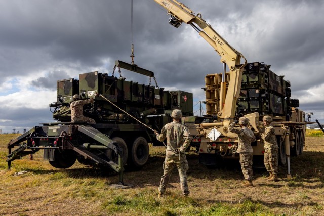 A reload crew of Patriot Launching Station Enhanced Operator and Maintainers with Delta Battery, 1st Battalion, 1st Air Defense Artillery Regiment, 38th ADA Brigade, performs reload operations on their air defense system on Oct. 28, 2024 during...
