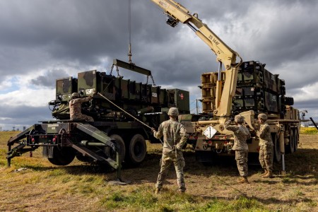 A reload crew of Patriot Launching Station Enhanced Operator and Maintainers with Delta Battery, 1st Battalion, 1st Air Defense Artillery Regiment, 38th ADA Brigade, performs reload operations on their air defense system on Oct. 28, 2024 during...