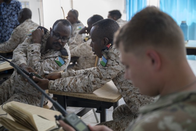 U.S. Soldiers assigned to the Kentucky Army National Guard participate in a radio communications knowledge exchange with Djiboutian soldiers at the Djiboutian signal corps compound in Djibouti City, Djibouti, July 14, 2025. The State Partnership...