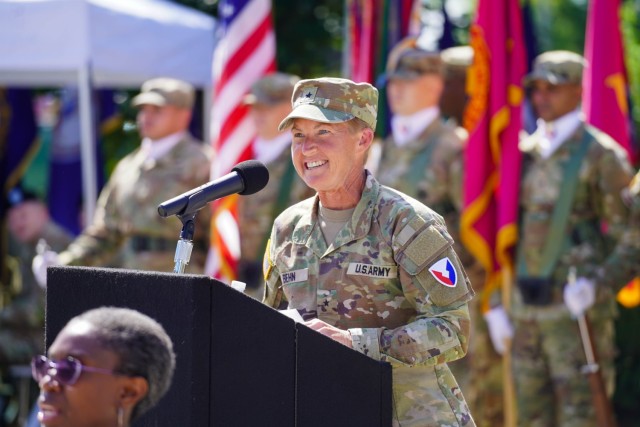 Brig. Gen. Beth A. Behn speaks to the crowd gathered at the Detroit Arsenal for the July 22, 2025, TACOM change of command ceremony.