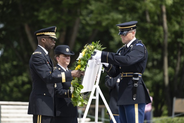 U.S. Army Chief of Chaplains Chaplain (Maj. Gen.) William Green and U.S. Army Chaplains Corps Regimental Sgt. Maj. Meaghan Simmons participate in a Public Wreath-Laying Ceremony at the Tomb of the Unknown Soldier, Arlington National Cemetery,...