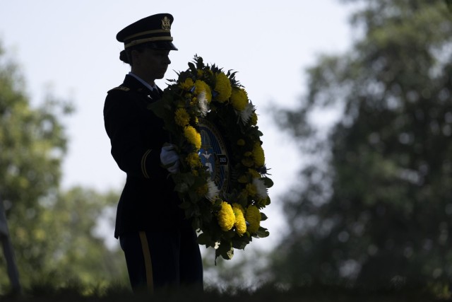 A soldier from the U.S. Army Chaplains Corps supports a wreath-laying at Chaplains Hill at Arlington National Cemetery, Arlington, Virginia, Friday, July 25, 2025. This was part of one of three events on that day at ANC and Joint Base...