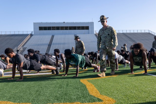 U.S. Army Soldiers from III Armored Corps provide DeSoto High School Football players a basic training style team building exercise in DeSoto, Texas, July 30, 2025. DeSoto High School's football team is known for its strong recent performance,...