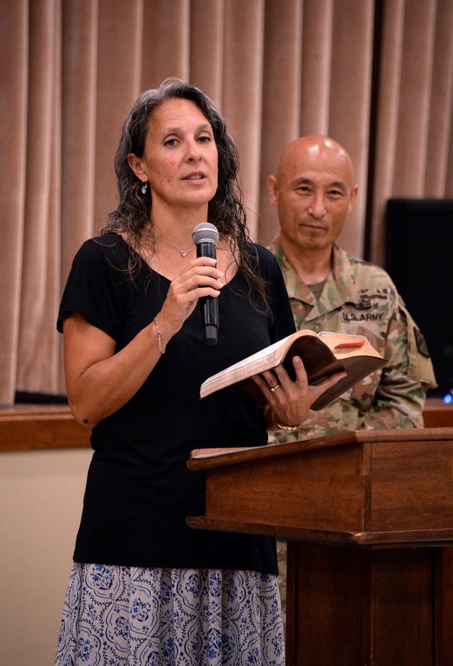 Jody Bryan, spouse of Fort Leavenworth Garrison Chaplain (Maj.) Eric Bryan, offers her prayer intentions for the Chaplain Corps during the corps' 250th anniversary celebration luncheon July 29, 2025, at Frontier Chapel at Fort Leavenworth,...