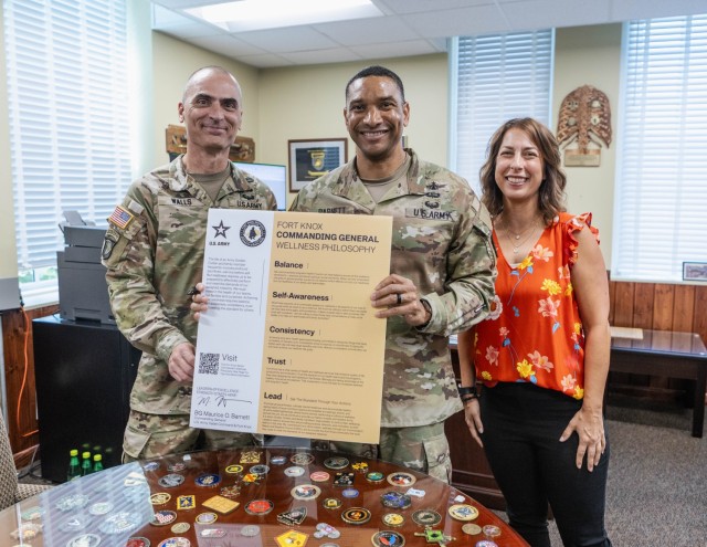 Command Sgt. Maj. Darrell Walls, senior enlisted leader of U.S. Army Cadet Command and Fort Knox, Commanding General of U.S. Army Cadet Command and Fort Knox Brig. Gen. Moe Barnett and Ireland Army Health Clinic dietician Laura Bottoms with the...