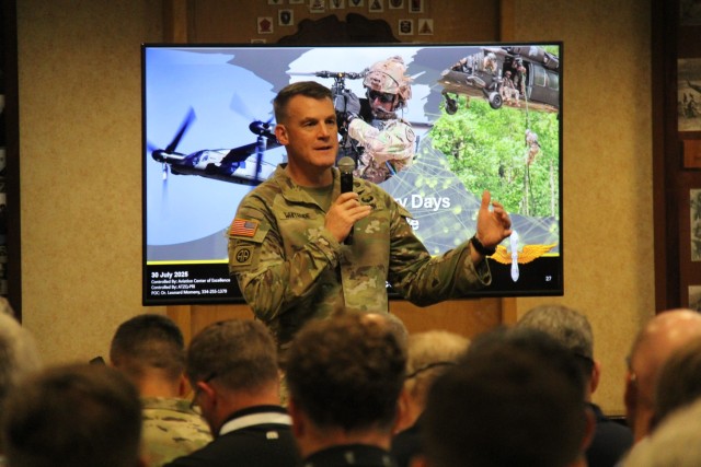 Col. Jake Whiteside provides an Aviation capability update during the Aviation Industry Days 2025 event at Fort Rucker, Ala., July 30, 2025. (U.S. Army photo by 2LT Nicholas Jones)