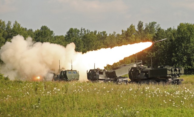 197 Field Artillery Regiment of New Hampshire fires rockets from a HIMARS at Fort Drum in preparation for an upcoming deployment.