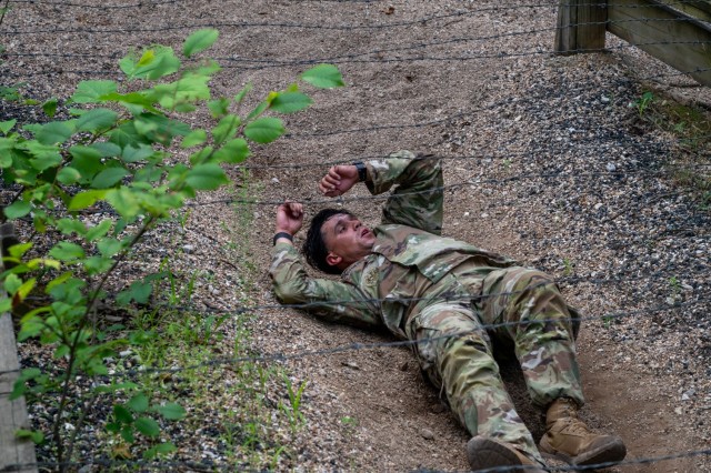 Sgt. 1st Class Gil Rodriguez, a drill sergeant with Company C, 2nd Battalion 10th Infantry Regiment, 3rd Chemical Brigade, competes in the physical endurance course event during the 2025 Maneuver Support Center of Excellence Drill Sergeant of the...