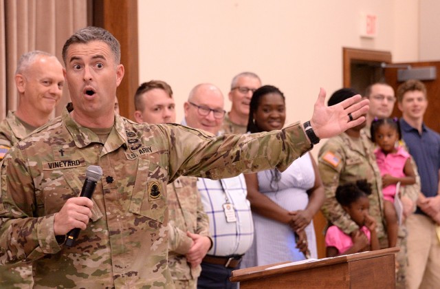 Chaplain (Lt. Col.) Jared Vineyard, Combined Arms Center deputy chaplain, kicks off the Chaplain Corps' 250th anniversary celebration with some history about the corps July 29, 2025, at Frontier Chapel at Fort Leavenworth, Kansas. Photo by...