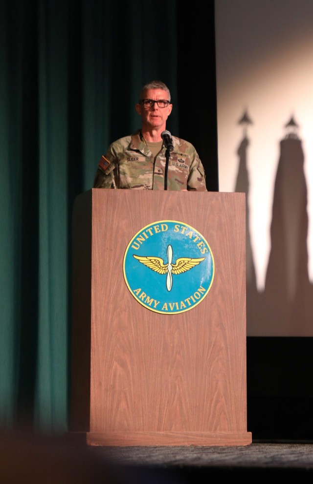 Maj. Gen. Jason C. Slider, commanding general, U.S. Army John F. Kennedy Special Warfare Center and School, speaks at the Aviation Industry Days 2025 event at Fort Rucker, Ala. July 29, 2025. (U.S. Army photo by 2LT Elexia Freas)
