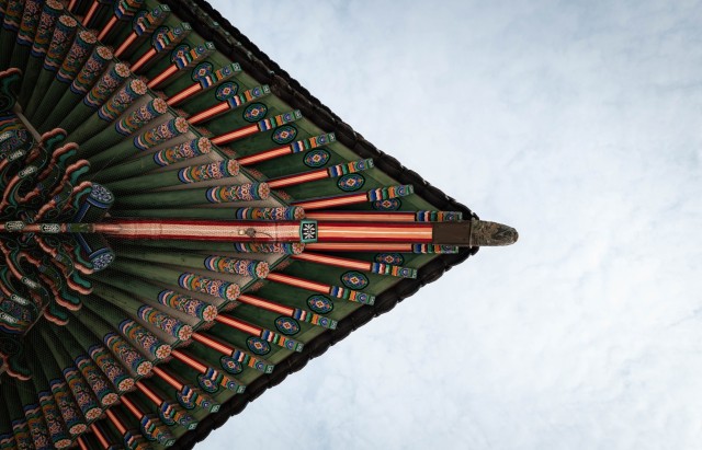 Eaves, colorfully painted in a traditional way, holds up a roof at Gyeongbokgung Palace in Seoul, Korea, July 31, 2025. U.S. Army Soldiers serving at Camp Casey traveled to Seoul on a trip hosted by Gyeonggi-Do province as part of an effort to...