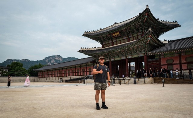 A U.S. Army Soldier poses for a photograph outside of the Gyeongbokgung Palace in Seoul, Korea, July 31, 2025. Soldiers serving at Camp Casey traveled to Seoul on a trip hosted by Gyeonggi-Do province as part of an effort to welcome...