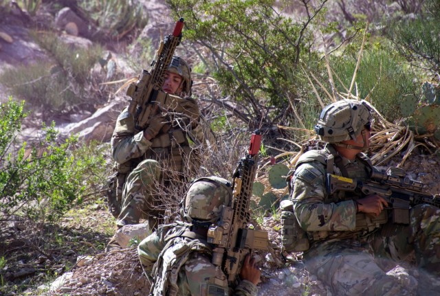 Soldiers from 1st Armored Division during a 72-hour Force-on-Force Exercise in support of a multiweek test of the Army’s Next Generation Squad Weapon at Fort Bliss, Texas.