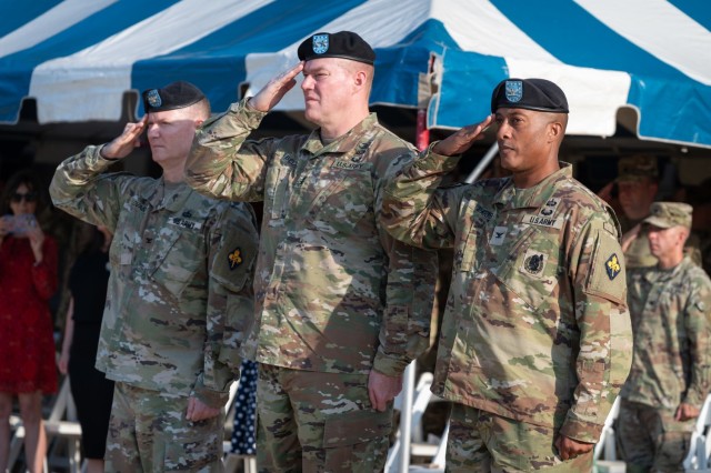 From left, Col. Alexander Lovasz, outgoing U.S. Army Chemical, Biological, Radiological and Nuclear School commandant; Maj. Gen. Christopher Beck, Maneuver Support Center of Excellence and Fort Leonard Wood commanding general; and Col. Fredrick...