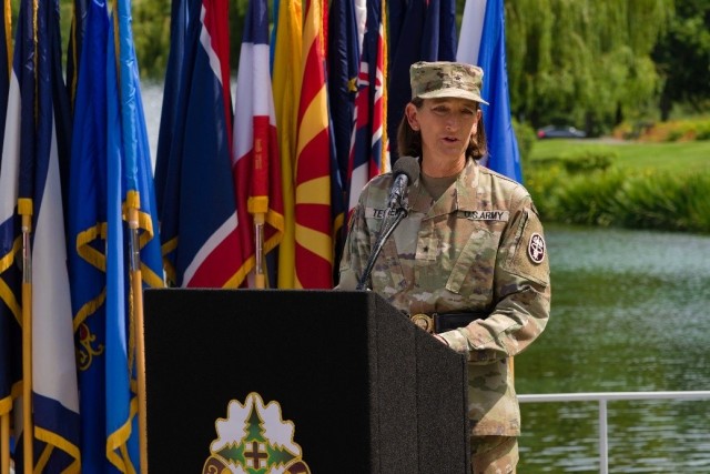 Brig. Gen. Deydre S. Teyhen, commanding general, Medical Readiness Command, Pacific & director, Defense Health Network Indo-Pacific, speaks at Madigan’s Swan Plaza