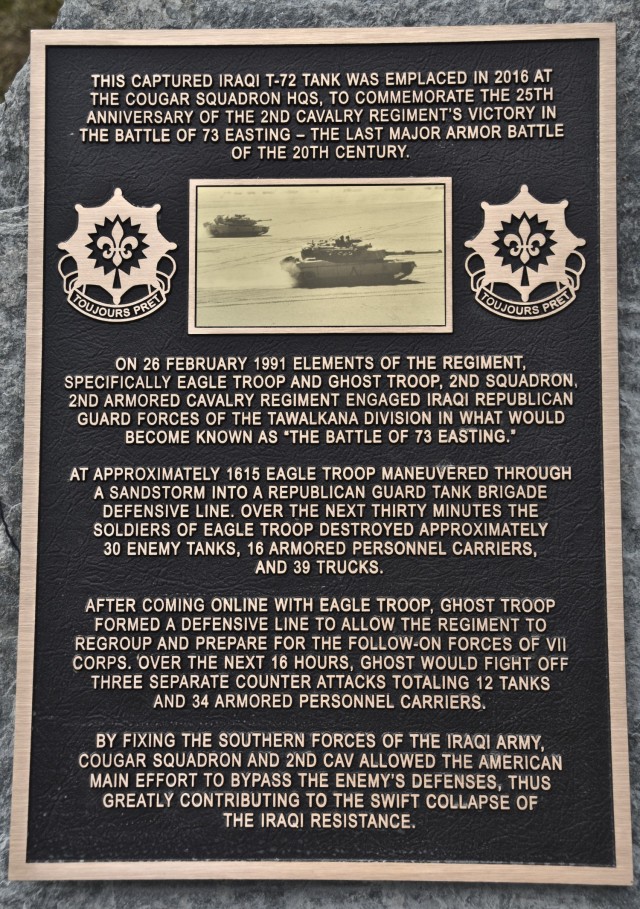 A bronze plaque, explaining the history of the Battle of 73 Easting, is unvieled in front of a T-72 Iraqi Tank during 2nd Squadron, 2nd Cavalry Regiment's Battle of 73 Easting commemoration ceremony held at Rose Barracks, Germany, Mar. 11, 2016....