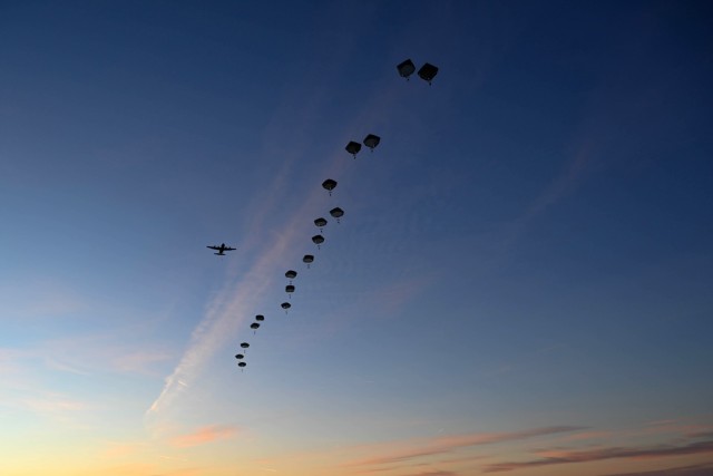 Paratroopers assigned to the 173rd Airborne Brigade descend during an airborne operation at Grafenwoehr Training Area, Germany, Jan. 13, 2025. The 173rd Airborne Brigade serves as the Army&#39;s rapid response force in Europe.