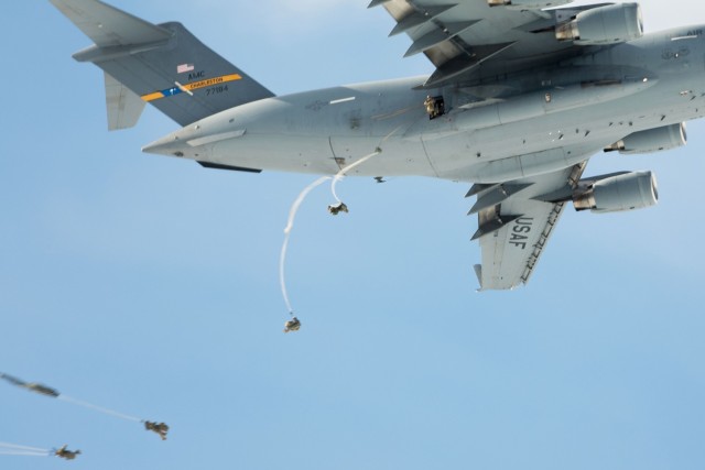 U.S. Army Paratroopers with 2nd Battalion, 505th Parachute Infantry Regiment, 3rd Brigade Combat Team, 82nd Airborne Division conduct integrated Joint Force Entry training in Bardufoss, Norway May 13, 2025 during Swift Response, a supporting...