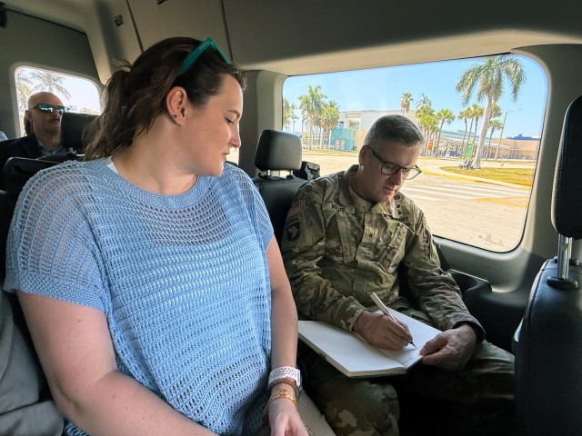Kristen Donofrio, project manager for the Port Everglades Project briefs Brig. Gen. Zachary Miller, U.S. Army Corps of Engineers South Atlantic Division commander on the area projects during a ride to the project site.  Miller visited the district...