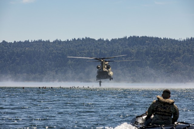 Members of the Washington Army National Guard, Oregon National Guard and U.S. Army Reserve participated in Helocast training on the Columbia River, Troutdale, Ore., Aug. 8, 2025. The event, led by the 2nd Battalion, 162nd Infantry Regiment, 41st...