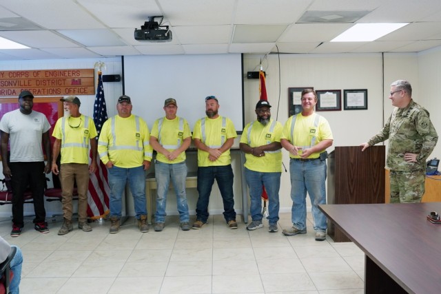 Brig. Gen. Zachary Miller, U.S. Army Corps of Engineers South Atlantic Division commander, talks with employees from the Jacksonville District  South Florida Operations Office in Clewiston, Fla.  The Operations team manages and operates five...