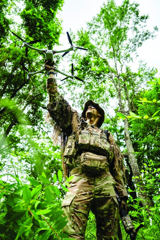 A Soldier in the Multi-Functional Reconnaissance Company, 2nd Battalion, 327th Infantry Regiment, 1st Mobile Brigade Combat Team “Bastogne” uses a Skydio drone during a training exercise at Fort Campbell, KY, on 16 June 2025. (Photo by SGT...