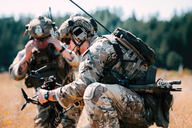 Soldiers with the 75th Ranger Regiment operate unmanned aerial systems. (Photo by SPC Luke Sullivan)