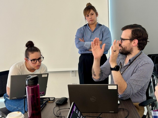 From left, Jaime Belmont, U.S. Army Garrison Rheinland-Pfalz; Christine Quijote-Oakes, USAG Benelux; and Collin Guy, USAG Bavaria; discuss application parameters for a possible process solution at Installation Management Command-Europe&#39;s first...