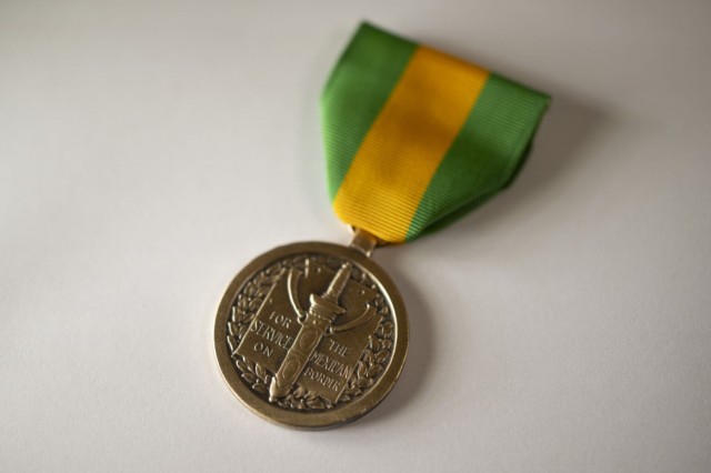 The Mexican Border Defense Medal is pictured at the Pentagon, Aug. 20, 2025. The medal will be awarded to service members deployed to the U.S. international border with Mexico for Defense Department support to U.S. Customs and Border Protection.