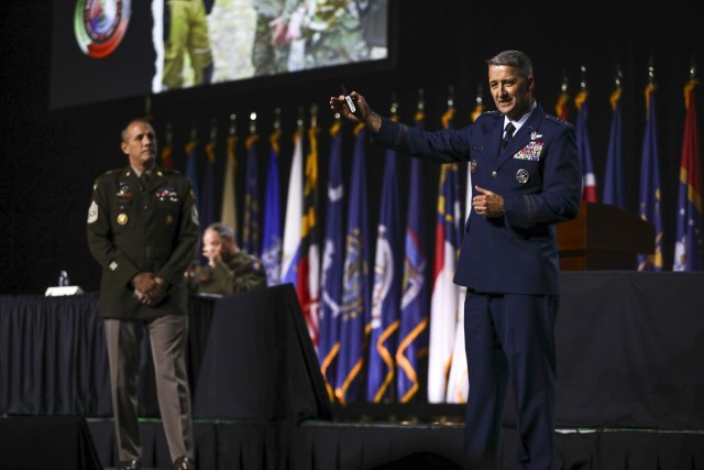 Air Force Gen. Steve Nordhaus, chief, National Guard Bureau, and Senior Enlisted Advisor John Raines, SEA to the CNGB, address attendees of the 147th National Guard Association of the United States General Conference, Milwaukee, Wisconsin, Aug....