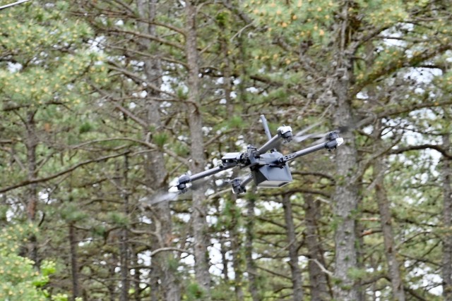 A short-range reconnaissance unmanned aircraft system flies through the air May 9, 2024, at Joint Base McGuire-Dix-Lakehurst, N.J. The system is used to conduct surveillance during combat operations, providing warfighters with enhanced situational...