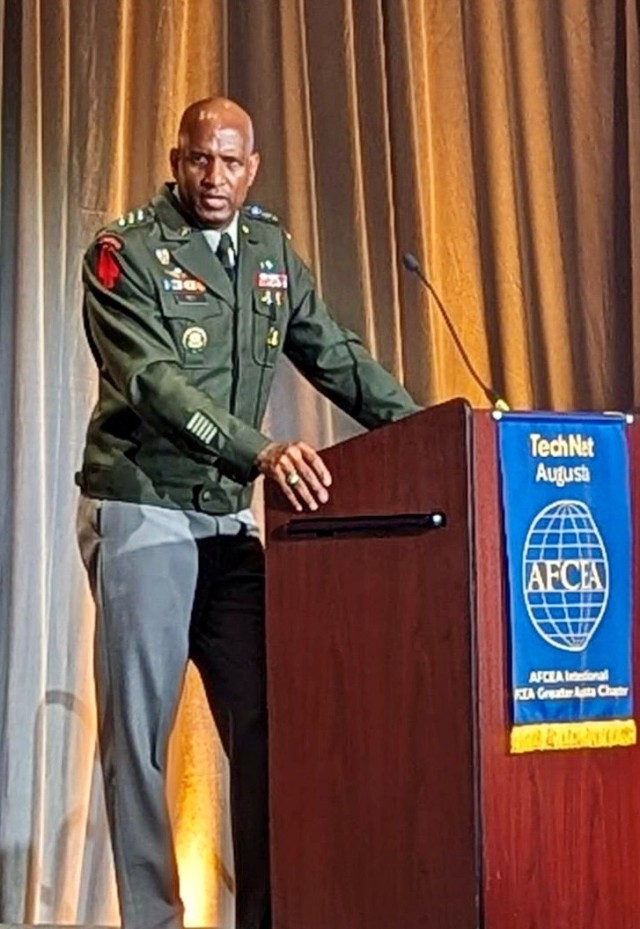 Lt. Gen. Jeth Rey,  deputy chief of staff, G-6, Pentagon, emphasizes the immediate need to prepare for non-kinetic warfare, including electromagnetic spectrum dominance and critical infrastructure protection at an event in Augusta, Georgia, Aug...