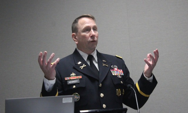 Retired Col. Chris Kennedy of Sevierville, Tenn., serves as commencement speaker for the staff officer course graduation Aug. 20. He retired in 2001 from the Pentagon after 30 years.