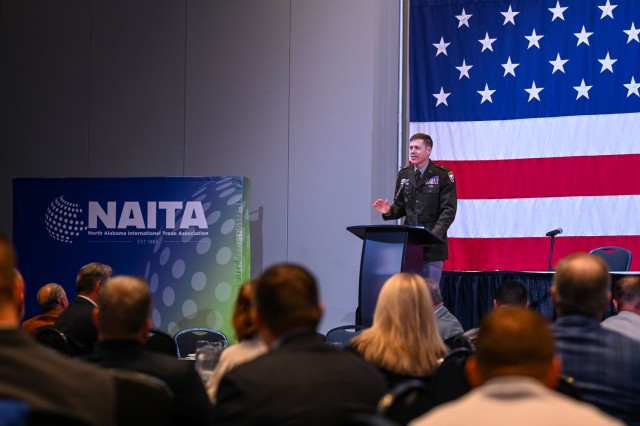 U.S. Army Brig. Gen. Allen J. Pepper, U.S. Army Security Assistance Command commanding general, provides the keynote address for the North Alabama International Trade Association's Foreign Military Sales Industry Day summit in Huntsville, Ala.,...